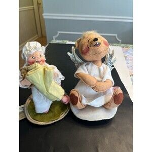 2 Vtg Annalee Angel Bear w Wings & Bedtime Girl w Teddy Figurines